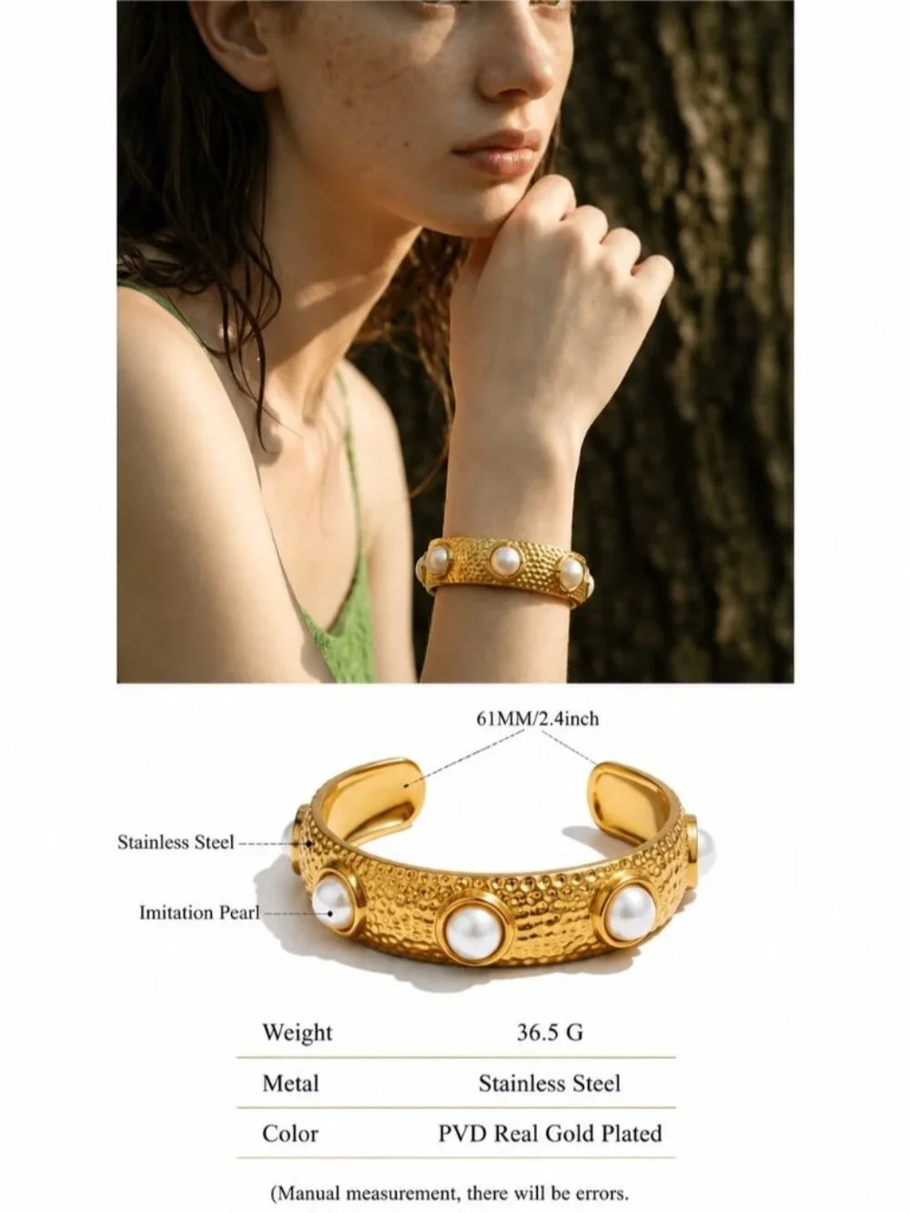 Gold plated Pearl-Accent Hammered Cuff Bracelet